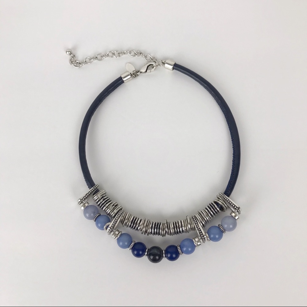 Chico’s Blue Bead & Silver Necklace Blue Leather - Picture 2 of 6